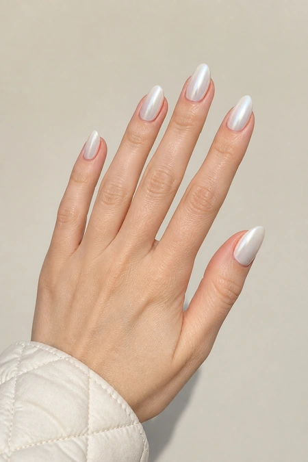 Pearl white almond nails on a fair skin tone hand in a relaxed fan pose with visible wrist and short partial forearm, natural daylight