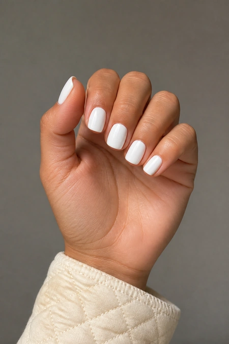 Soft white rounded square nails on a medium skin tone hand in a softly curled pose with visible wrist and short partial forearm, natural daylight