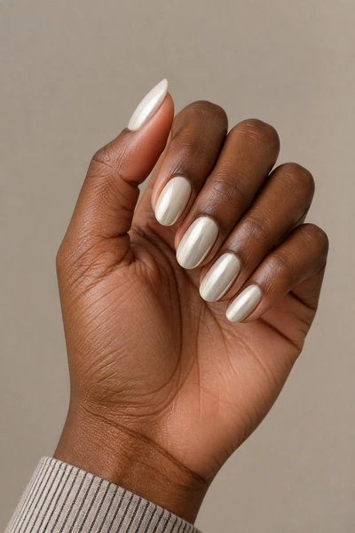 Ivory chrome oval nails on a deep brown skin tone hand in a side angled display with visible wrist and short partial forearm, natural daylight
