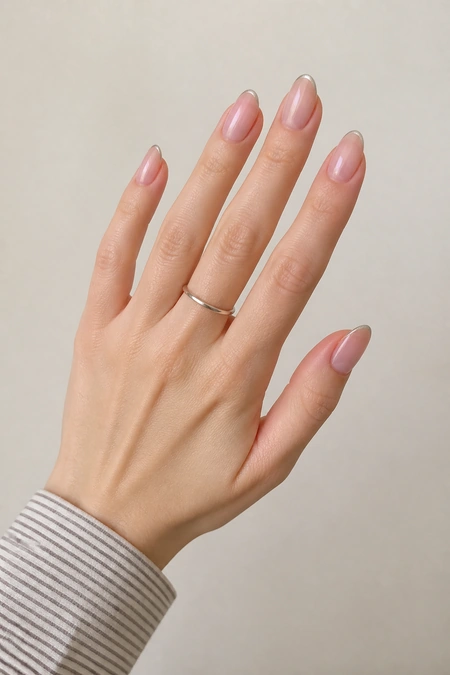 Silver French tip nails on a fair skin tone hand in an open diagonal display with visible wrist and short partial forearm, natural daylight