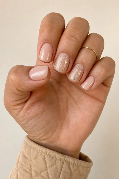 Champagne silver glitter accent nails on a medium olive skin tone hand in a softly curled pose with visible wrist and short partial forearm, natural daylight