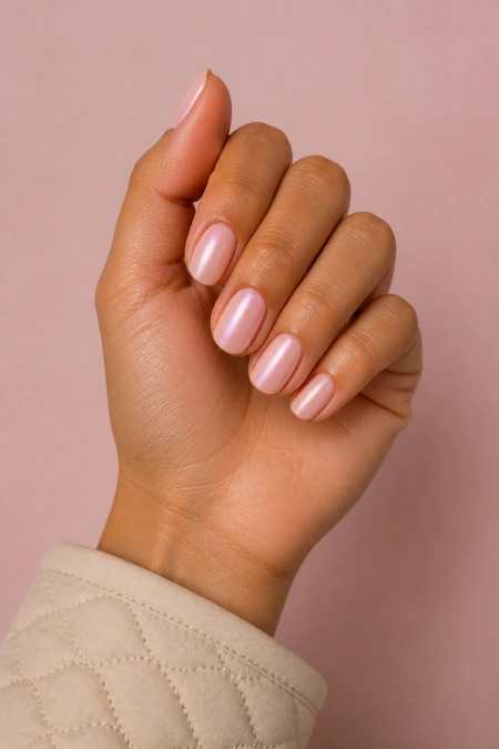 Blush pink glazed nails on a tan skin tone hand in a gentle pinch pose with visible wrist and short partial forearm, natural daylight