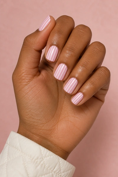 Soft pink and white candy stripe nails on a medium deep skin tone hand in a relaxed fan pose with visible wrist and short partial forearm, natural daylight