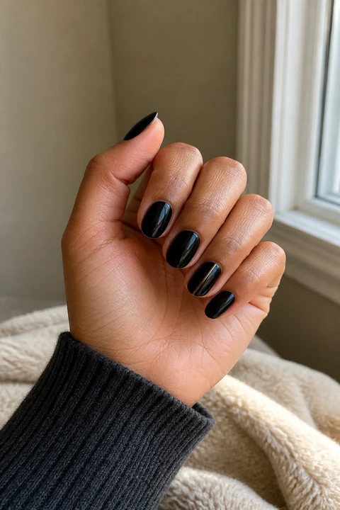 Glossy black short almond nails with one precise vertical gold line on the ring-finger nail, on medium warm brown skin in an upright softly curled pose with a charcoal knit sleeve, visible short wrist, and natural daylight
