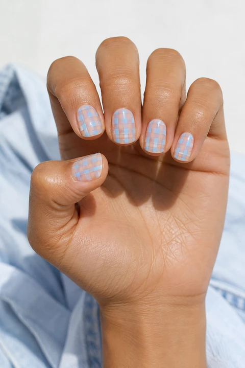 Sky blue gingham lines over a sheer natural base on short squoval nails, glossy finish, tan skin, hand turned gently toward daylight with connected forearm