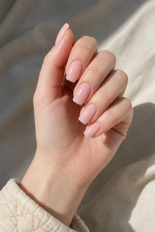 Pale pink rounded square acrylic nails with a softly curled hand, fair skin, and a cream cuff in natural daylight