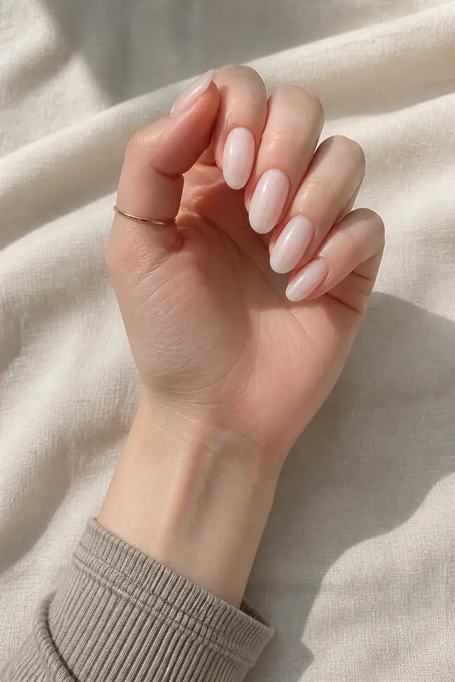 Milky white oval acrylic nails with a compact curled pose, light skin, and a taupe striped sleeve in natural daylight