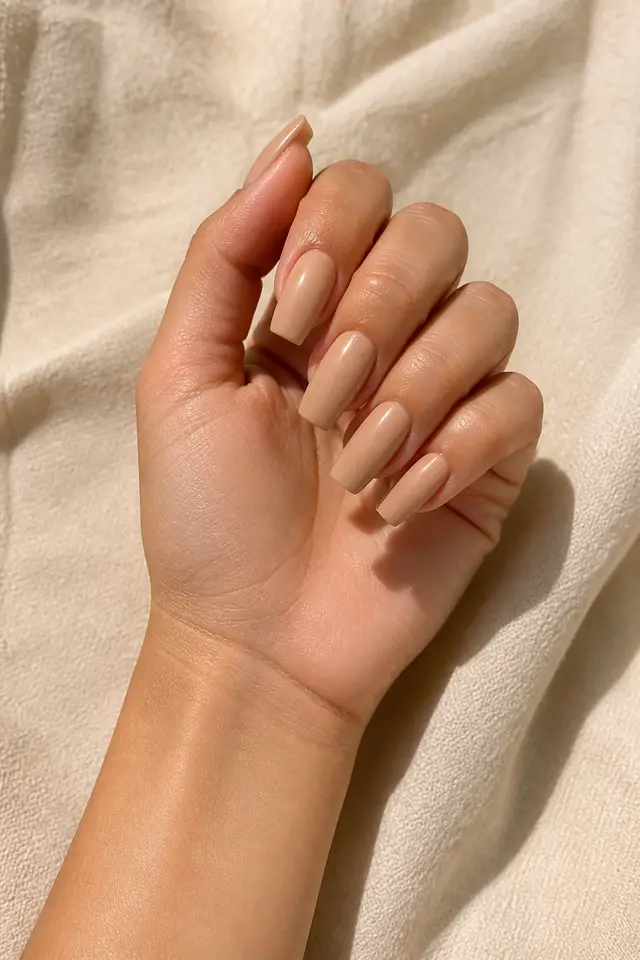 Warm beige nude coffin acrylic nails with a gently curled hand, medium skin, and a bare wrist in natural daylight