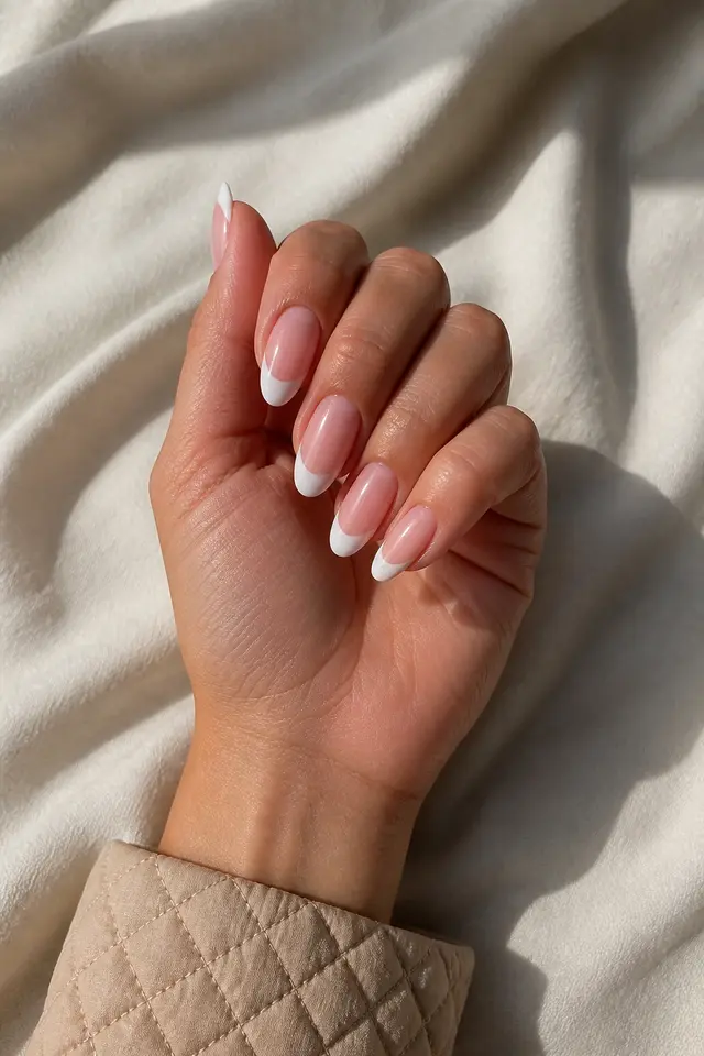 Soft white French tips on medium almond acrylic nails with light olive skin, a softly curled hand, and a beige cuff in natural daylight