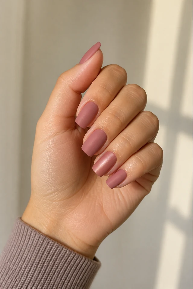 Light olive skin hand with dusty rose matte squoval acrylic nails in a softly curled pose, mauve taupe cuff, partial wrist, and natural daylight