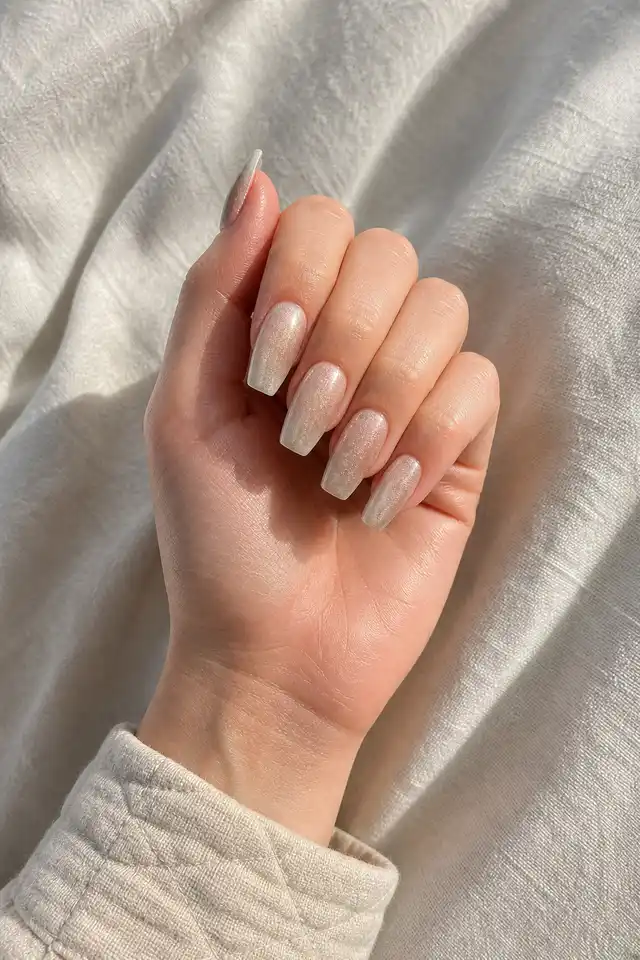 Champagne shimmer acrylic ballerina nails with light skin, a softly curled side pose, and an oatmeal cuff in natural daylight