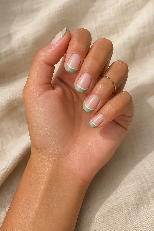 Sage green and ivory acrylic French tips on short rounded square nails with tan skin, a curled hand, and no jewelry in natural daylight
