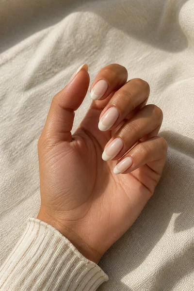 Slim cream French tip almond nails on a medium skin tone hand in a natural softly curled pose with a narrow striped sleeve and visible wrist