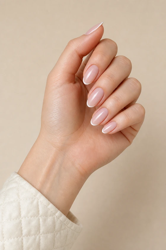 Fair skin hand in a softly curled pose with glossy sheer blush almond bridal nails, thin ivory French edges, and an ivory quilted cuff