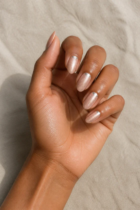 Light olive skin hand in a softly curled pose with blush pearl nails and delicate silver half-moon accents on a neutral textile
