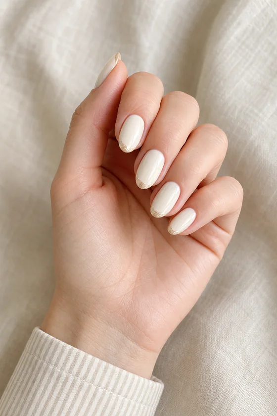 Medium warm skin hand in a gentle inward curl wearing sheer blush nails with clean white French tips and a muted stripe cuff