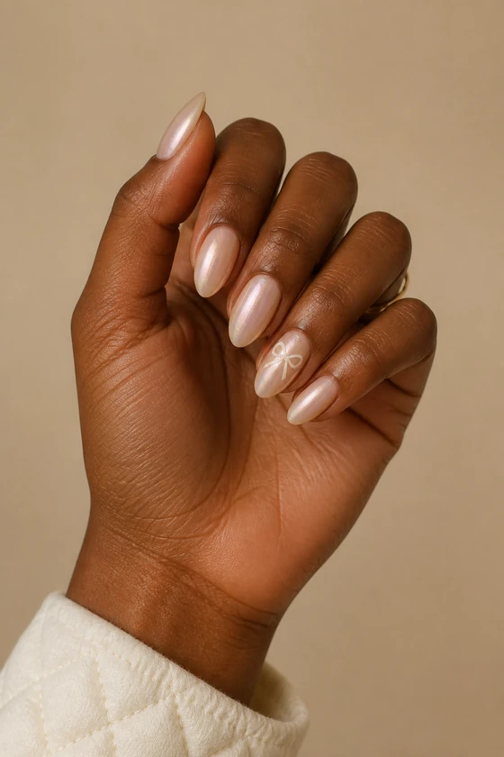 Deep brown skin hand in a compact curled pose with pearly ivory almond nails and a tiny white bow accent on the ring nail