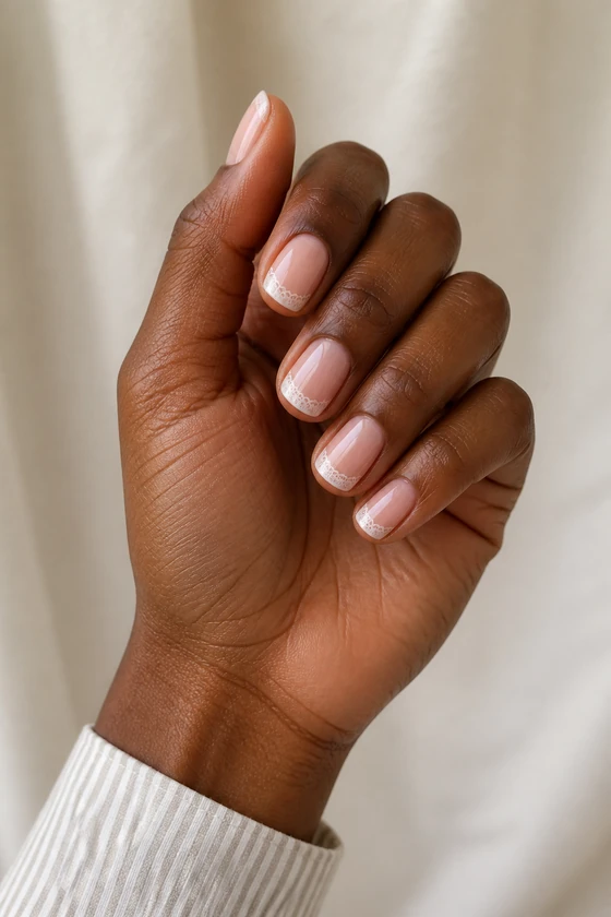 Rich dark brown skin hand with softly curled fingers wearing rosewater pink nails with fine white lace scallop tips and a light stripe cuff