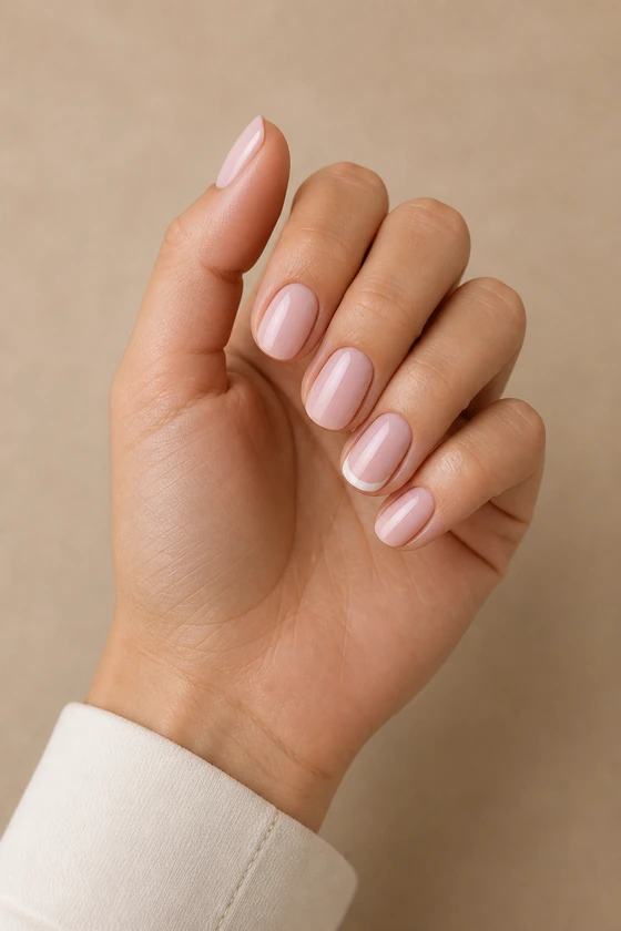 Medium brown skin hand in a controlled curled pose with translucent ivory French almond nails and an ivory cuff