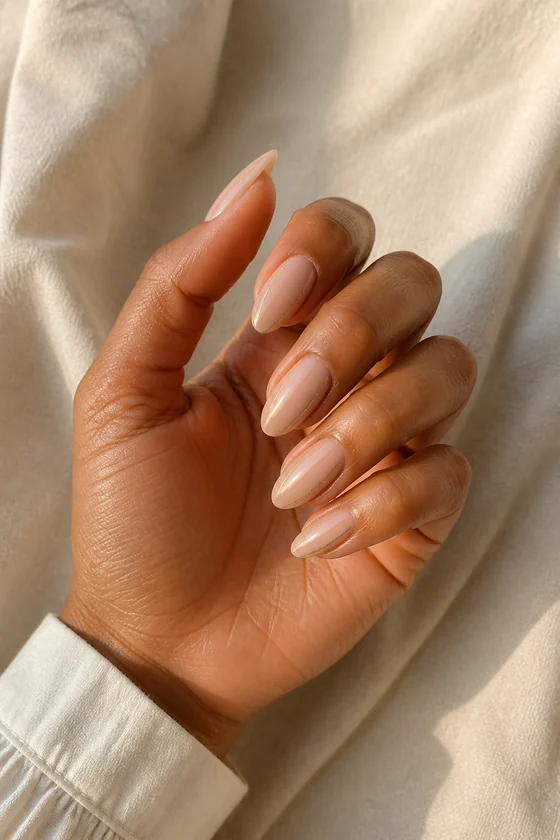 Light skin hand in a softly curled pose wearing glossy blush-pink almond nails with a delicate ivory center ribbon line