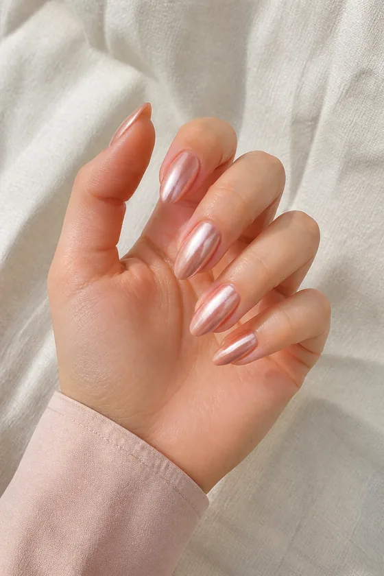 Light skin hand in a compact curled pose wearing glossy rosy pink chrome almond bridal nails with a pink quilted cuff