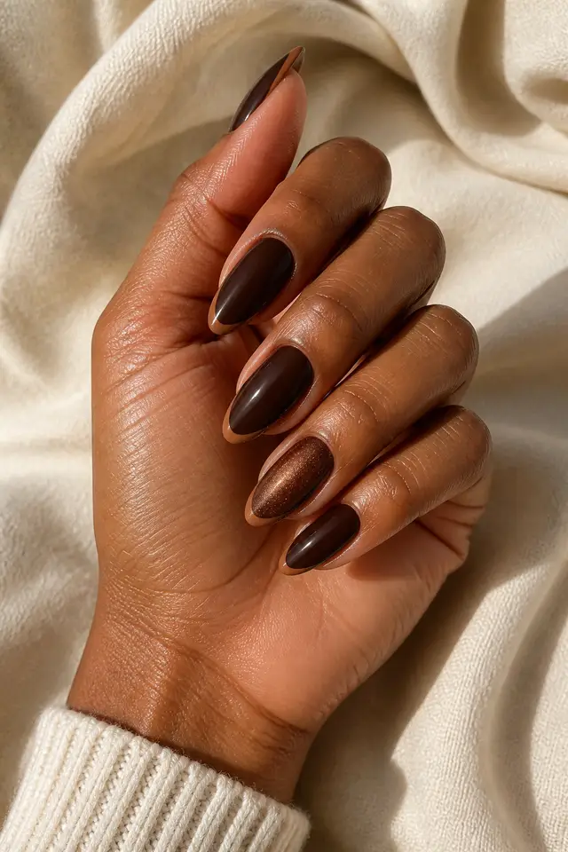 Medium-deep warm brown hand with glossy deep cocoa medium almond nails, slim caramel French tips and one mocha shimmer accent, a softly curled pose, ivory knit cuff, short partial forearm, and natural daylight