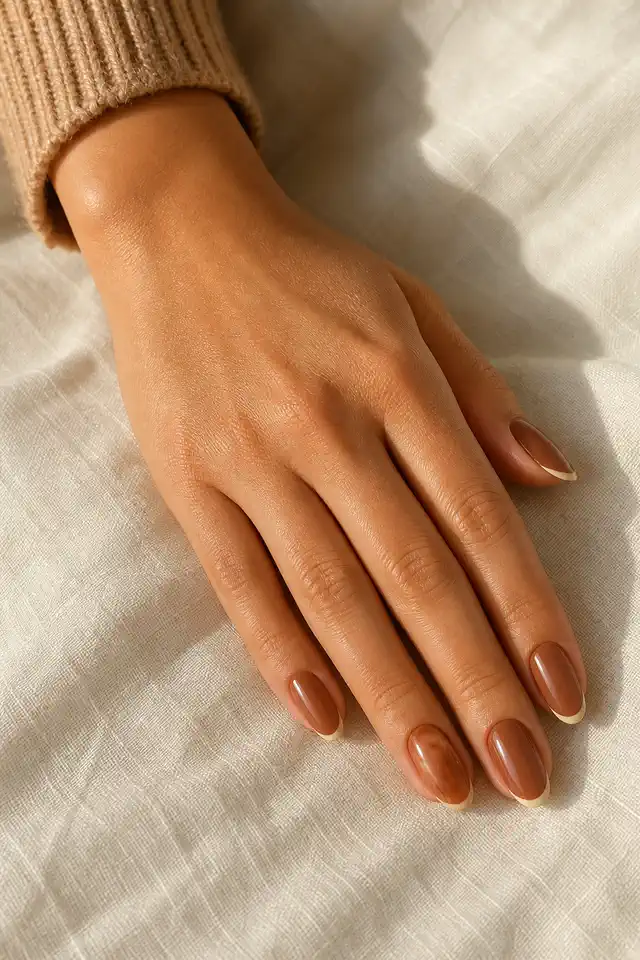 Warm toffee brown glossy medium oval nails with thin creamy beige French tips and one caramel accent on light golden brown skin, shown in a palm down diagonal fingertip rest pose with a camel knit cuff and short partial forearm