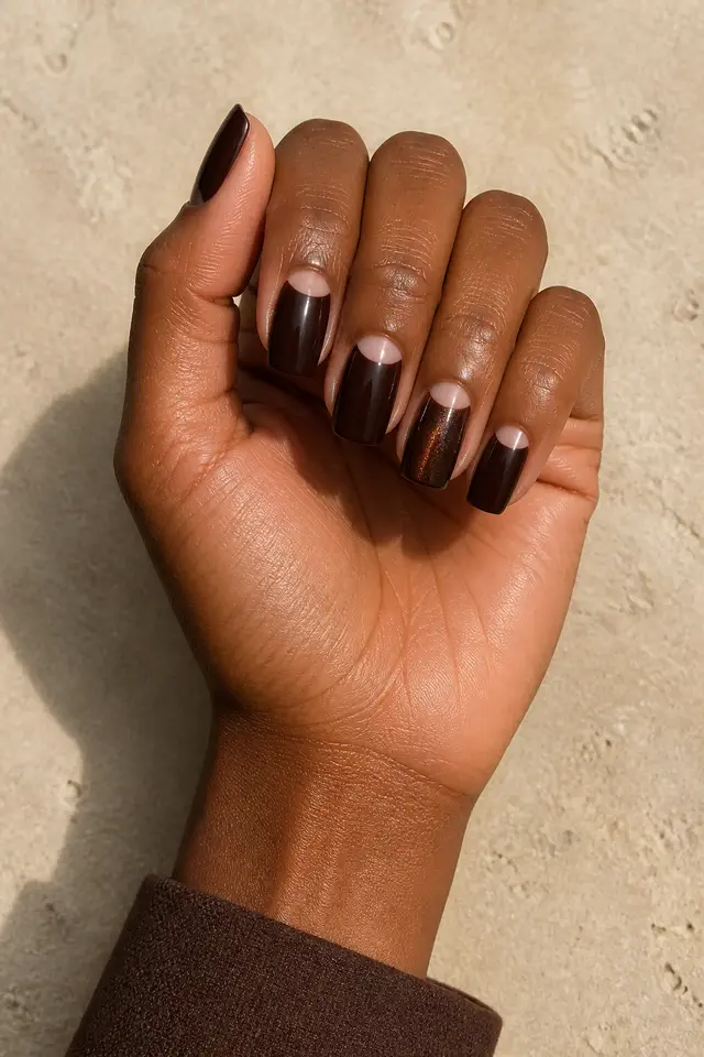Rich espresso brown glossy medium squoval nails with nude negative space crescents and one copper shimmer accent on deep neutral brown skin, shown in an upright palm up fan with a cocoa sleeve and short partial forearm