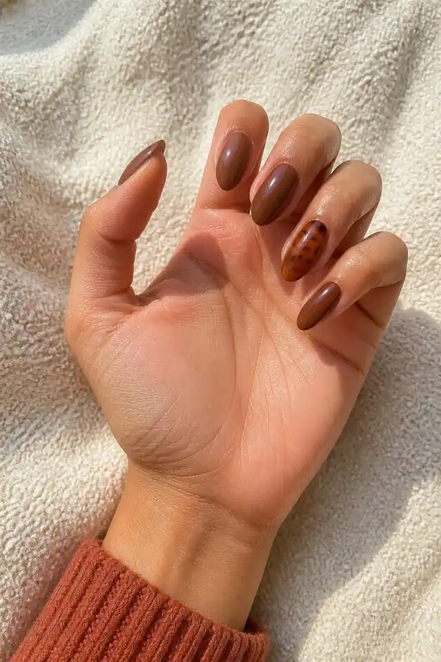 Cinnamon brown glossy medium almond nails with an amber tortoiseshell accent and darker brown flecks on medium tan olive skin, shown in an open palm up fan with a rust knit cuff and short partial forearm