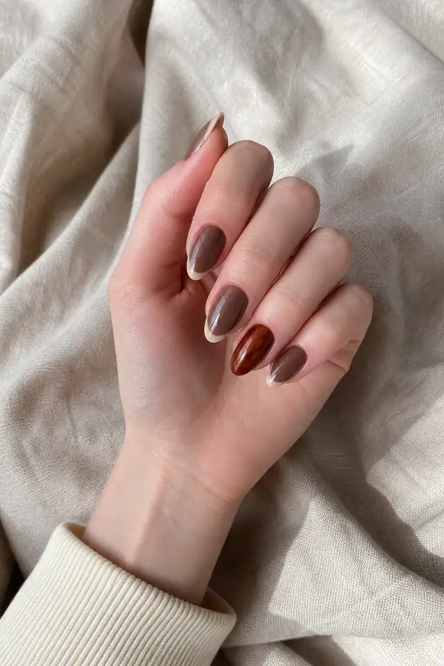 Milk chocolate brown glossy medium almond nails with soft cream French tips and one cinnamon tortoiseshell accent on very fair cool beige skin, shown in a relaxed curled pose with an ivory ribbed cuff and short partial forearm