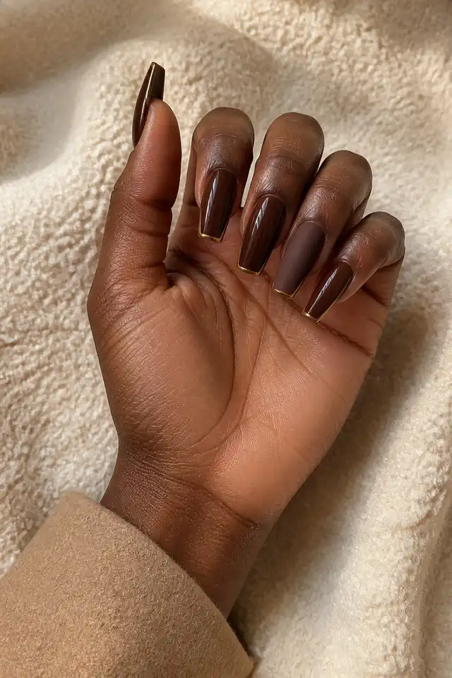 Chestnut brown glossy medium coffin nails with fine antique gold tip outlines and one matte cocoa accent on deep rich brown skin, shown in a palm up curved fan with a camel sleeve and short partial forearm
