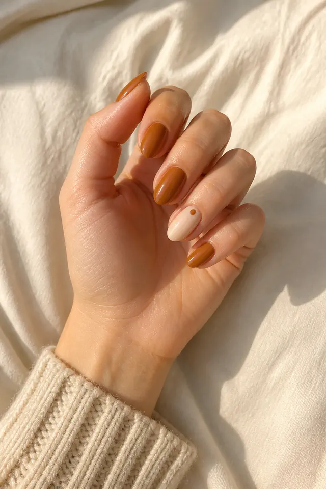 Caramel brown high gloss medium almond nails with one creamy almond accent and a tiny cocoa cuticle dot on light neutral beige skin, shown in an open pinch pose with an oatmeal knit cuff and short partial forearm