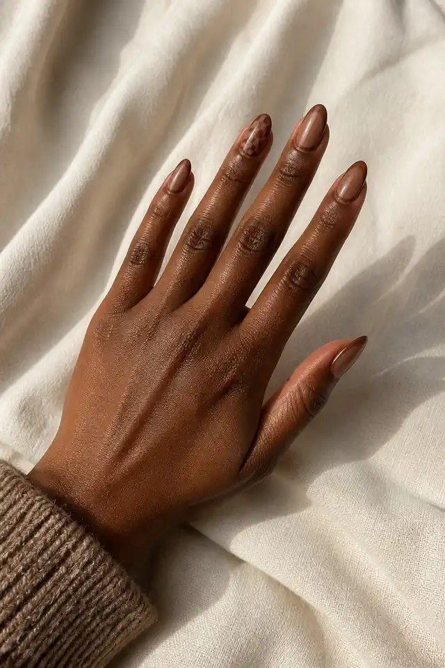 Warm nude brown glossy medium almond nails with delicate cocoa French tips and one cocoa checkerboard accent on rich dark brown skin, shown in a sideways elegant spread with a soft brown knit cuff and short partial forearm