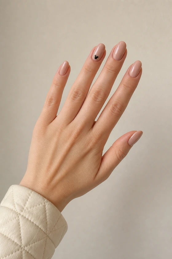 Fair skin hand with short glossy milky nude almond nails and a tiny black Mickey silhouette accent in soft daylight