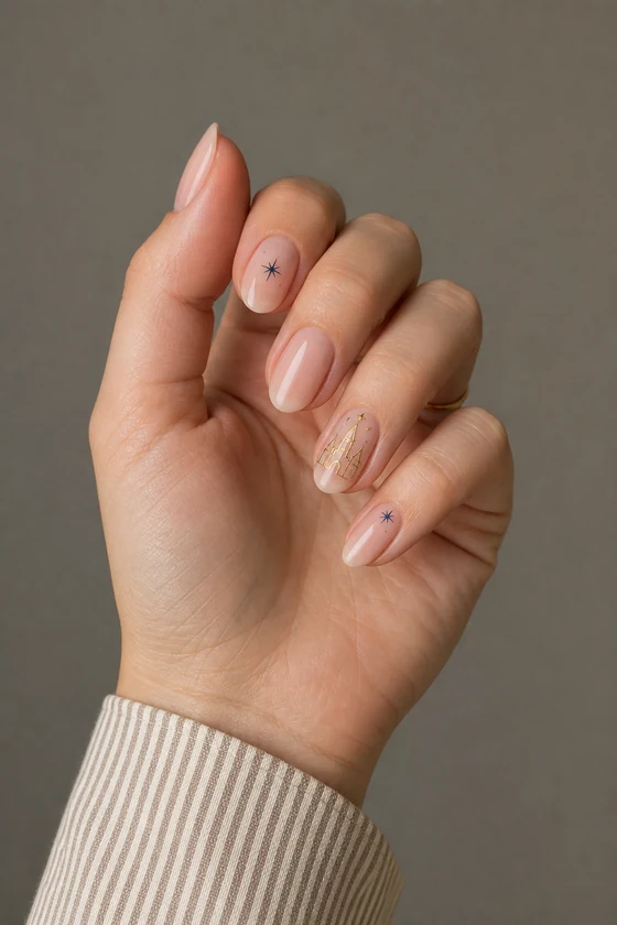 Light skin hand with blush nude almond nails, a fine gold castle line, and navy star accents in natural daylight