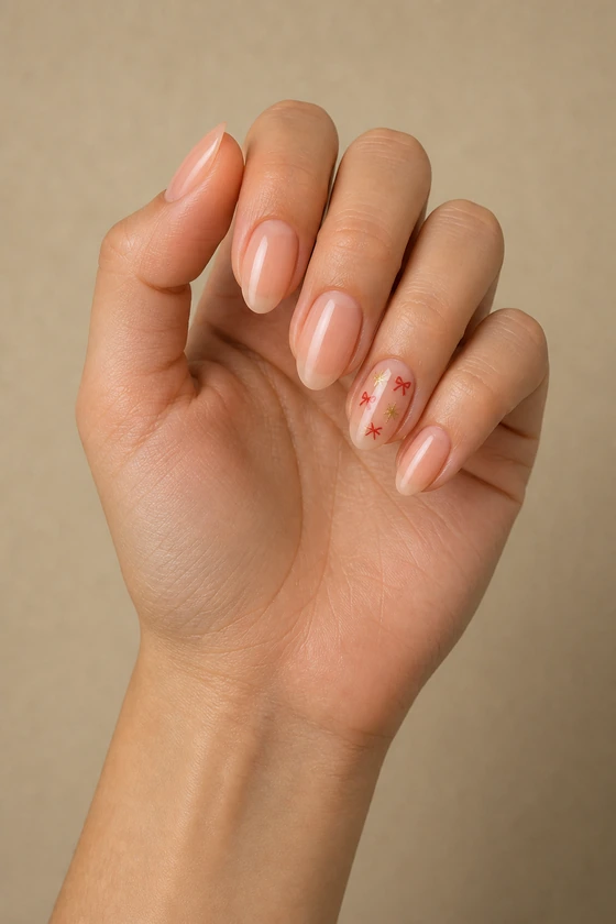 Light olive skin hand with sheer peach almond nails, tiny red bow motifs, and gold star flecks in soft daylight