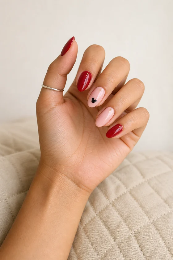Medium skin hand with glossy cherry red and blush almond nails, a tiny black Mickey silhouette, and gold dots in daylight