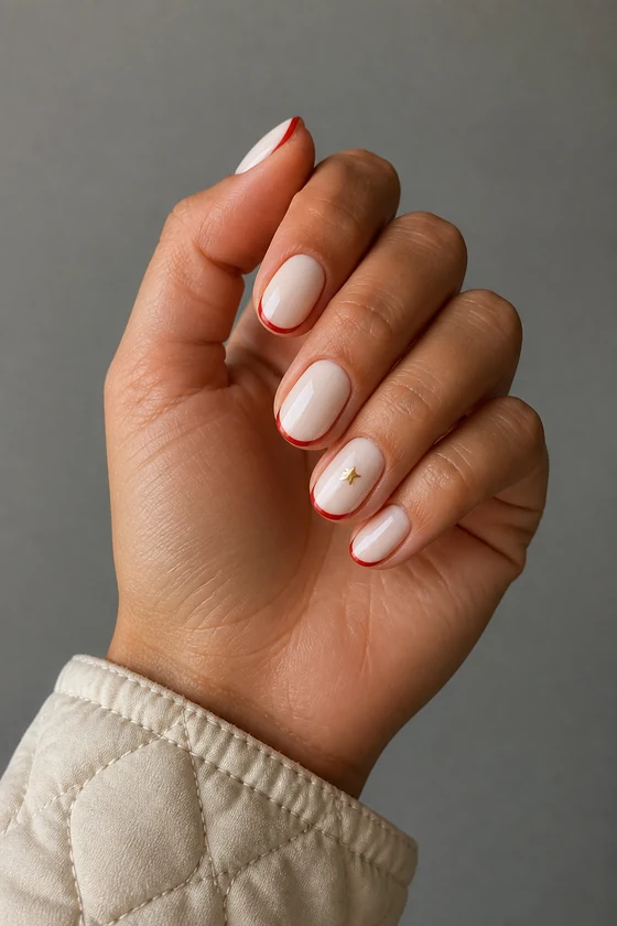 Tan skin hand with glossy ivory nails, red micro French tips, and one tiny gold star accent in natural daylight