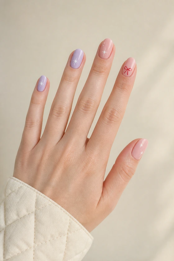 Fair skin hand with lilac and blush almond nails, white starbursts, and a tiny red bow in natural daylight