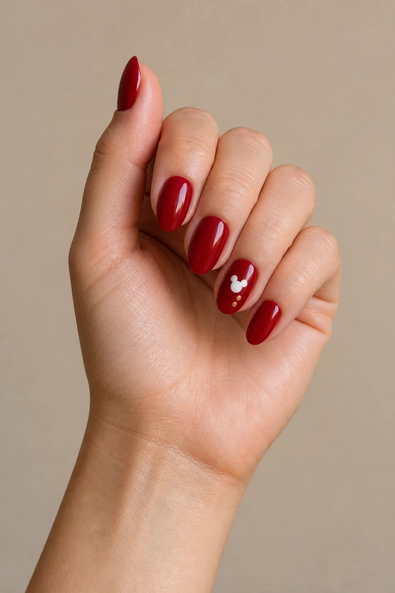 Light olive skin hand with glossy cherry red almond nails and a white Mickey silhouette with gold dots in soft daylight