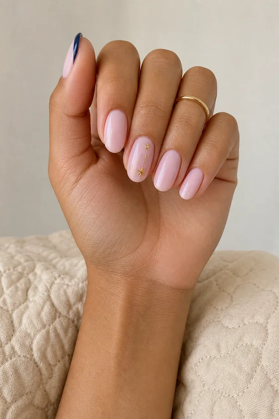 Medium skin hand with glossy blush almond nails, one midnight blue tip, and delicate gold star details in natural daylight