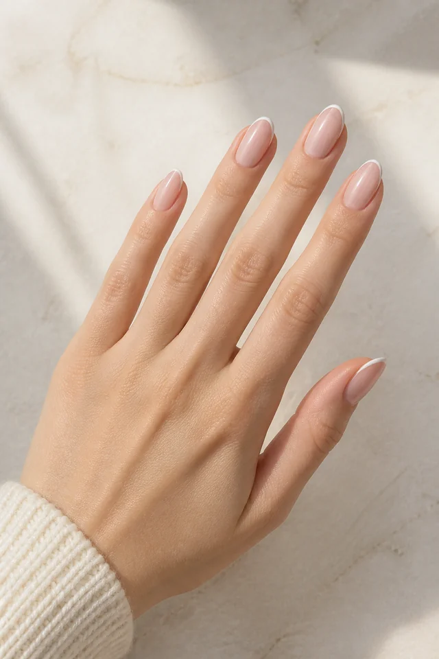 Sheer milky rose glossy medium almond nails with pearl white French tips on fair neutral beige skin, shown in a relaxed open diagonal hand pose with a warm ivory knit cuff and short partial wrist