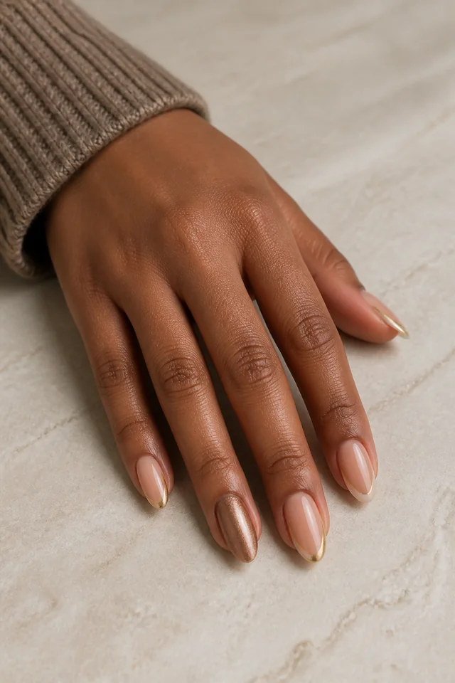 Translucent beige nude glossy medium almond nails with champagne gold side French lines and a bronze shimmer accent on medium deep warm brown skin, shown in a palm down diagonal fingertip rest pose with a taupe knit cuff