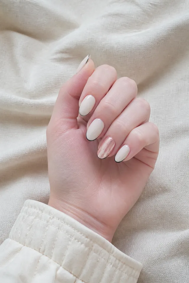 Very fair cool pink skin hand with glossy milky ivory medium almond nails, fine black outline French tips and one rose-gold accent, a soft inward curl, ivory quilted cuff, short partial forearm, and natural daylight