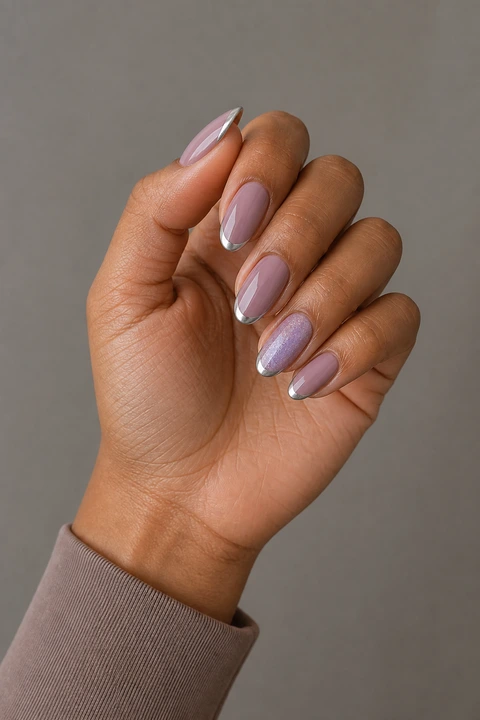 Soft mauve glossy medium almond nails with delicate silver crescent tips and one lavender shimmer accent on medium warm brown skin, shown in an upright softly curled pose with a taupe sleeve and visible short wrist in natural daylight