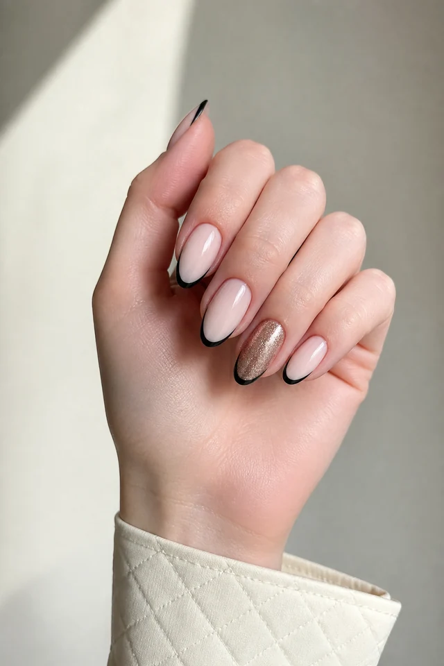 Pale blush glossy medium almond nails with bold black French tips and one rose gold glitter accent on very fair cool pink skin, shown in a relaxed curled hand pose with a white quilted cuff