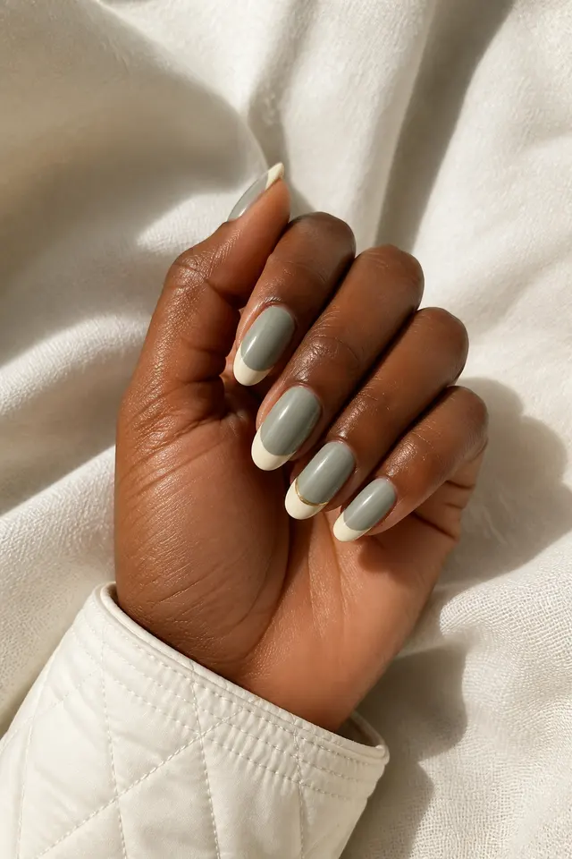 Deep rich brown skin hand with glossy dusty sage gray medium almond nails, creamy ivory French tips and one fine muted gold line, a softly curled pose, ivory quilted cuff, short partial forearm, and natural daylight