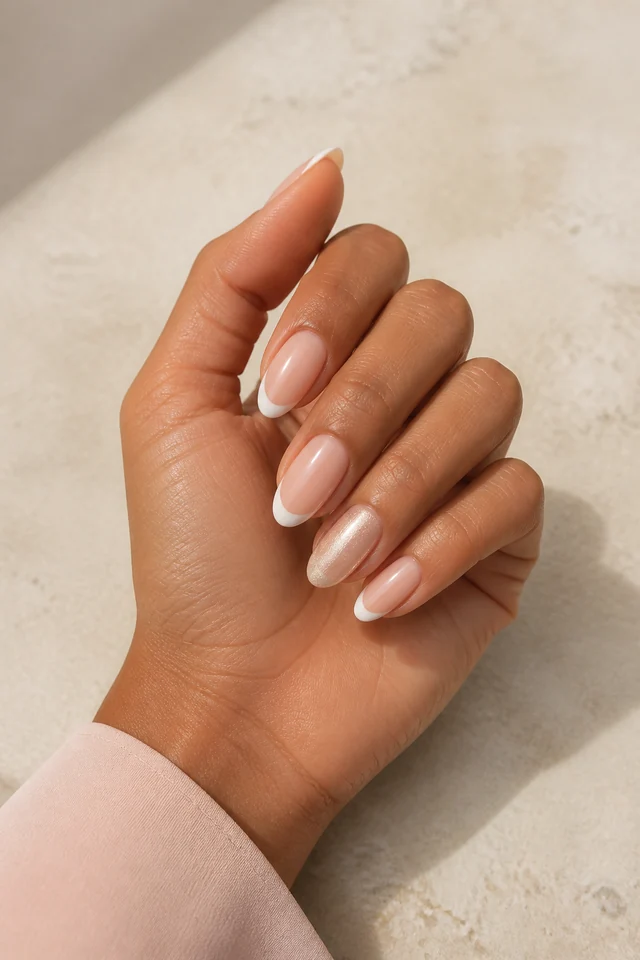Creamy blush nude glossy medium almond nails with pearl white French tips and one champagne shimmer accent on medium neutral brown skin, shown in a relaxed curled fingertip rest pose with a pale blush cuff