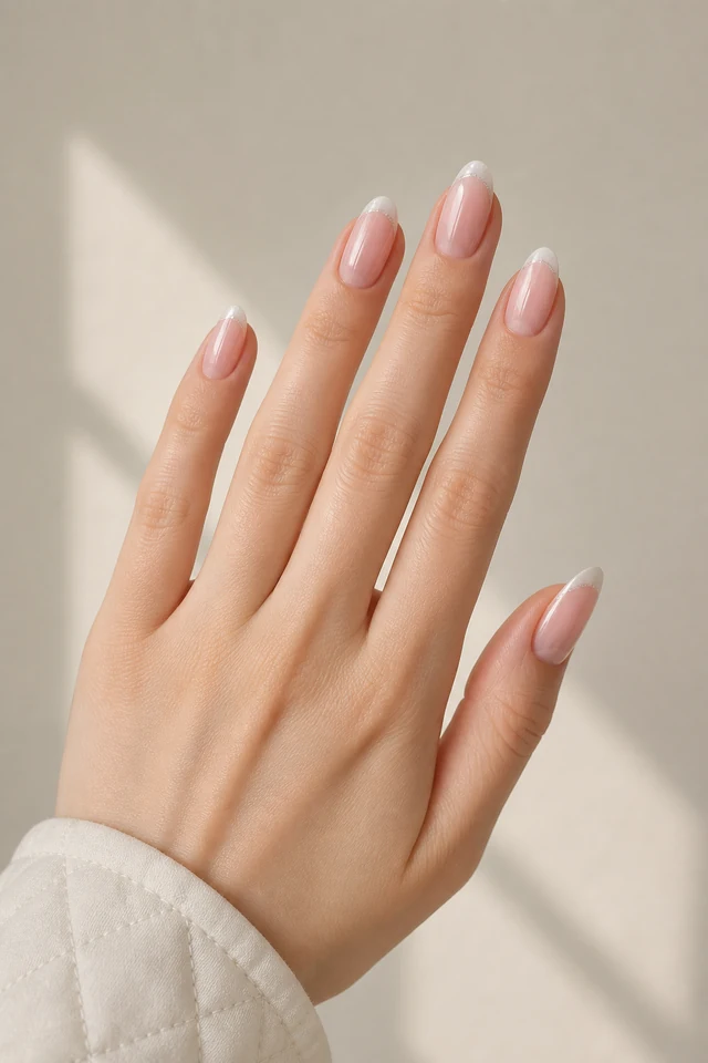 Sheer blush pink glossy medium almond nails with pearl white French tips and a tiny silver shimmer accent on fair neutral beige skin, shown in a relaxed diagonal fan with an ivory quilted cuff and short partial wrist