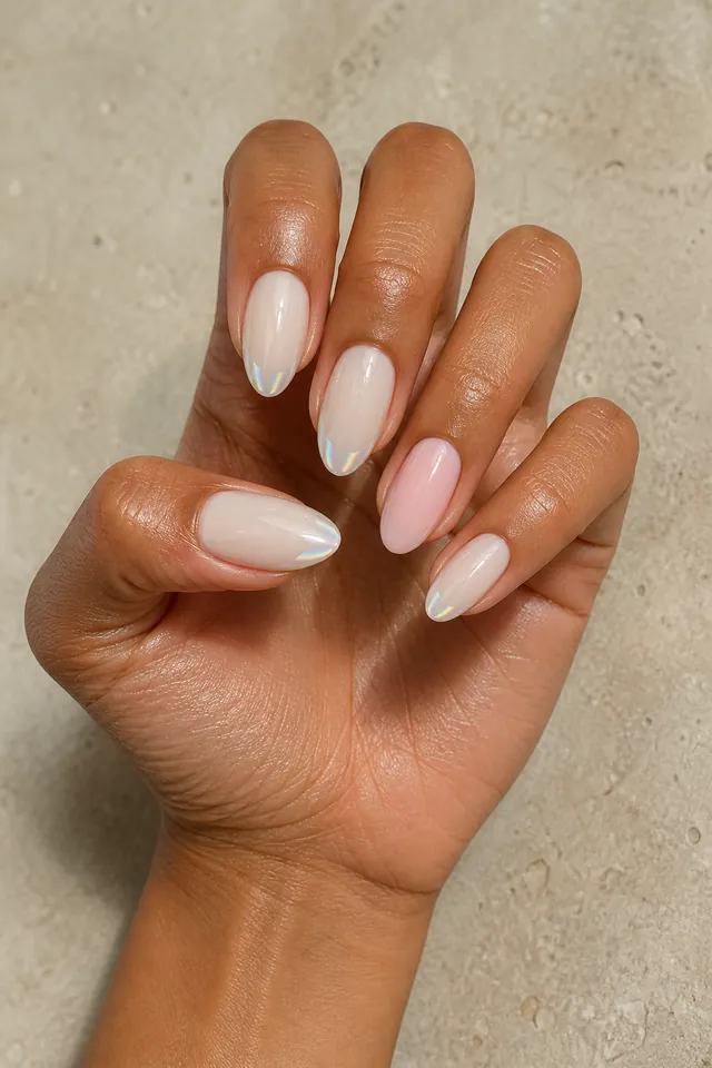 Milky ivory glossy medium almond nails with opal chrome tips and one pale blush accent on medium warm brown skin, shown in a controlled curled display with a bare short partial wrist